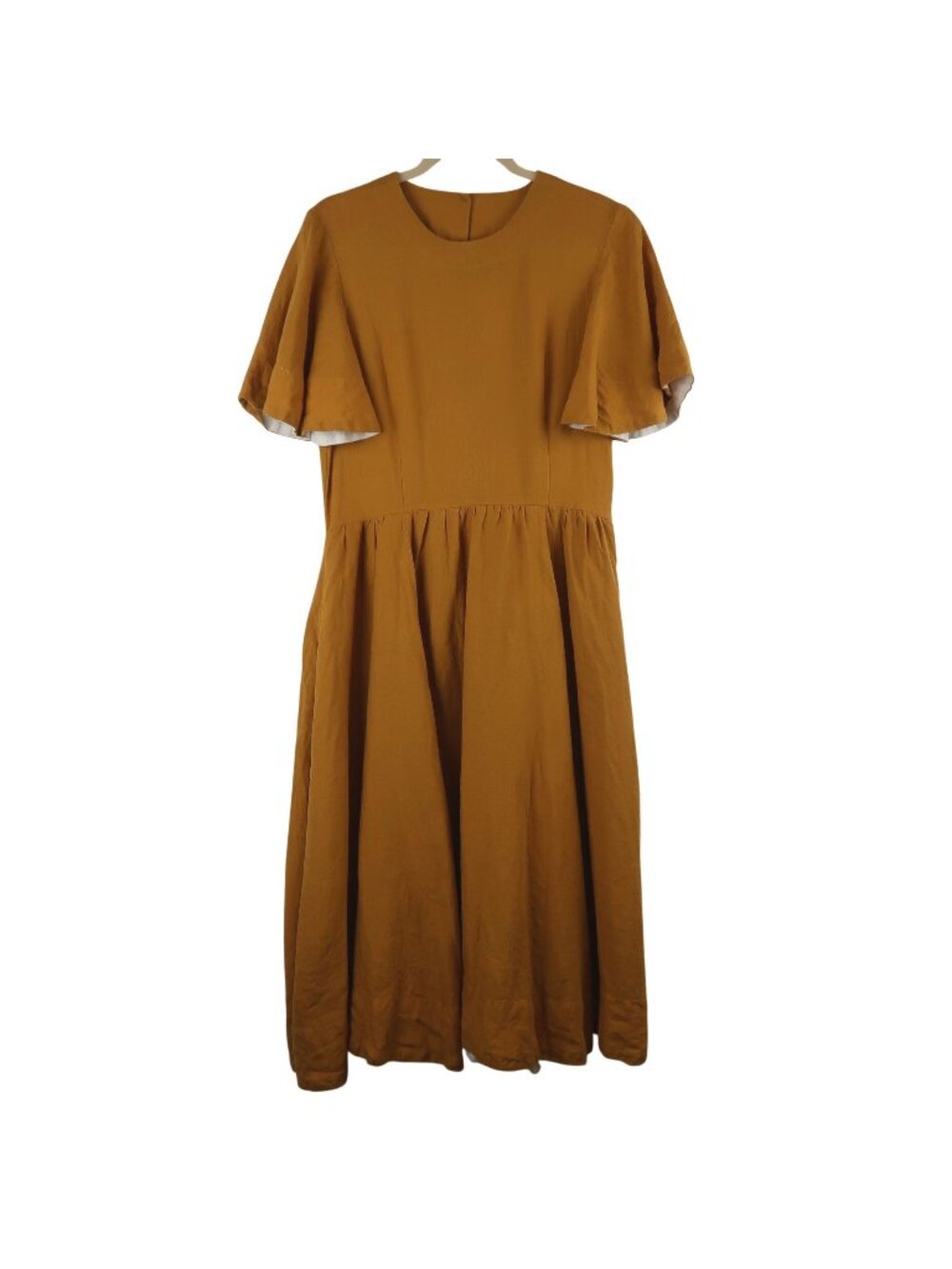 Son De Flor M Mustard Yellow Linen Dress Flutter Sleeves Button Back Cottagecore